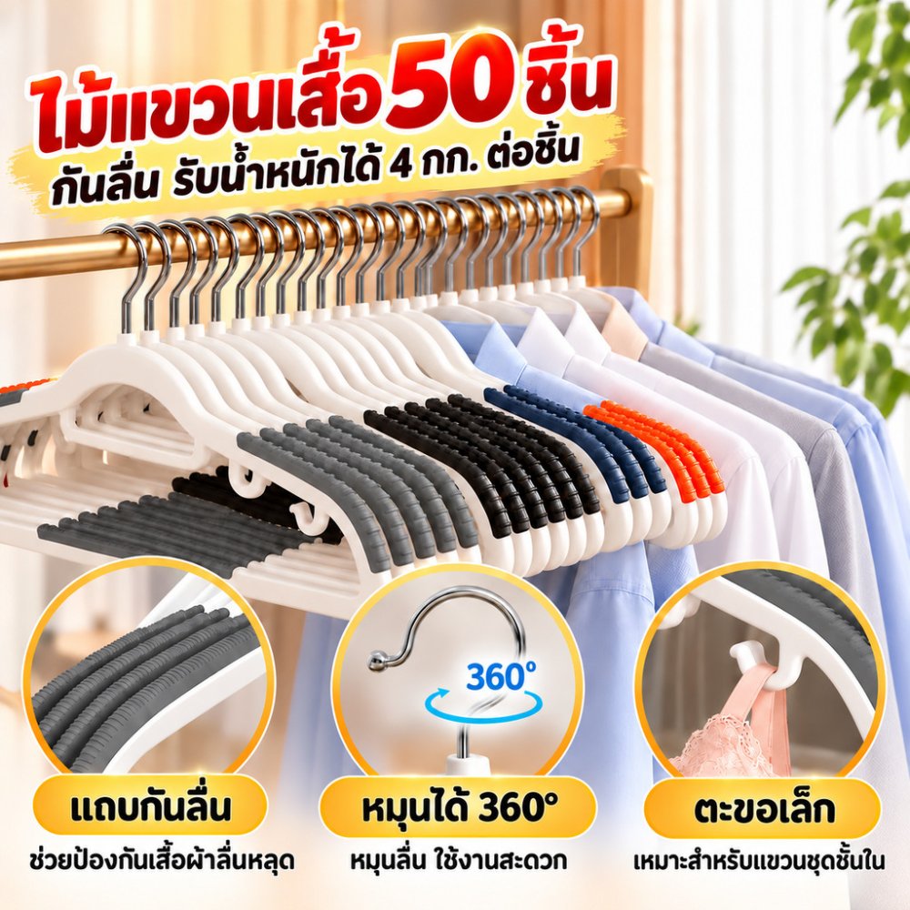 50PCS ไม้แขวน ไม้แขวนผ้า ไมแขวนเสื้อ ไม้แขวนเสื้อพลาสติก ไม้เเขวนขอบกันลื่น ไม้แขวนเสื้อไร้รอยต่อ ราวหนีบผ้า
