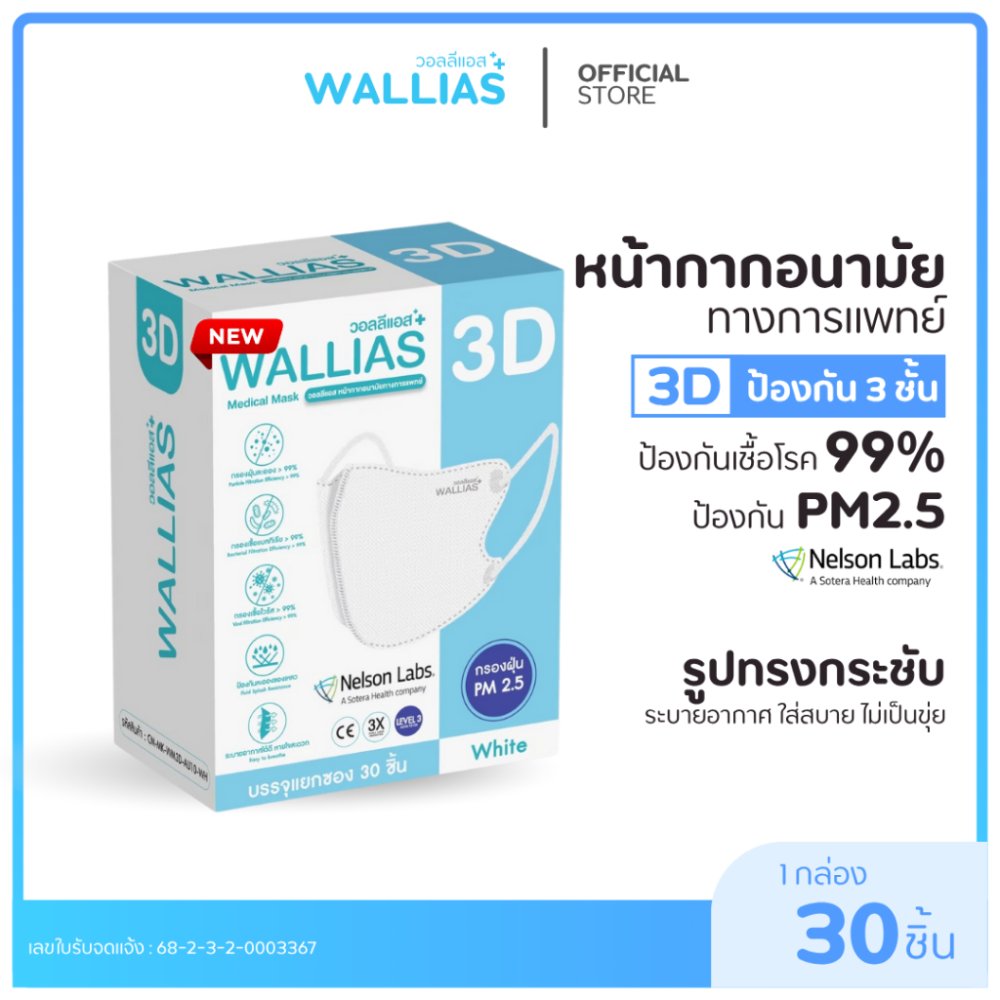 【แมสหน้าเรียว3D】WALLIAS Medical Mask 3D หน้ากากอนามัย 3D ป้องกันฝุ่น PM2.5 ทรงสวย ใส่สบาย มาตรฐาน อย.