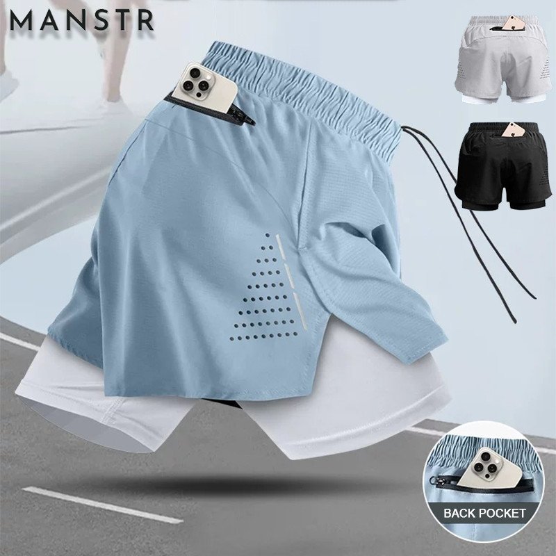 MANSTR M-5XL คุณภาพยิมวิ่งกางเกงกีฬาตาข่ายสองชั้นสั้น 2ใน1กางเกงขาสั้นสําหรับผู้ชายและผู้หญิง จาก พอดี กางเกงขี่จักรยานสีดํา/สีเทา/สีฟ กางเกงโยคะ