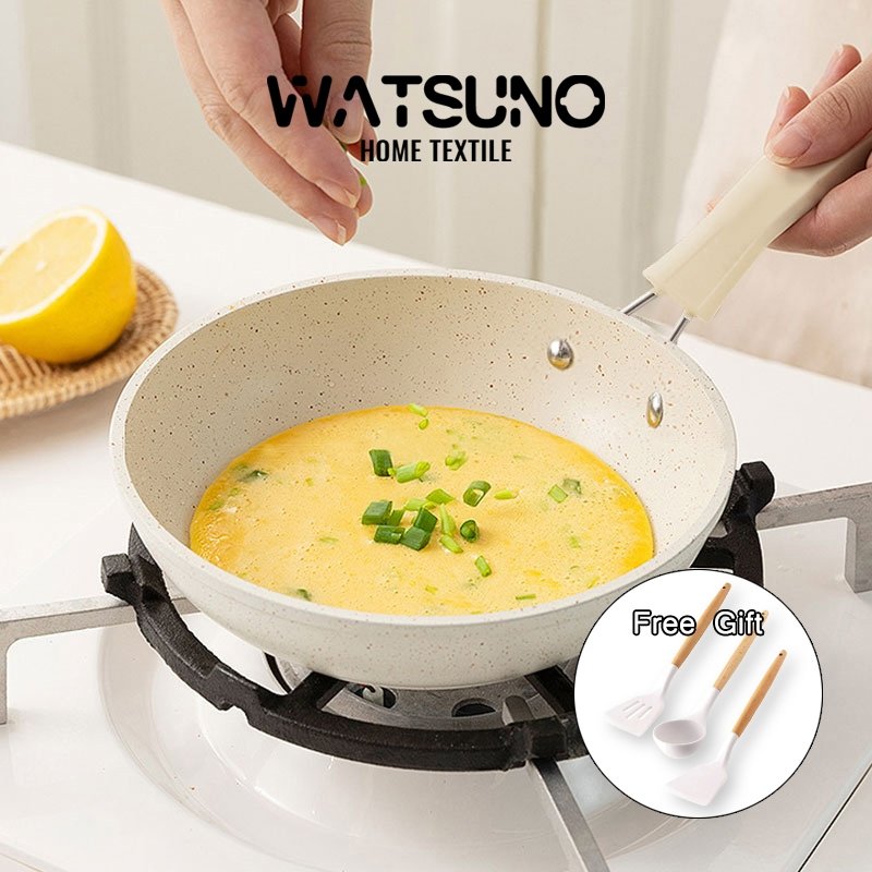 Watsuno.(โบนัสเครื่องครัวซิลิโคน)กระทะ กระทะเคลือบหินอ่อน กระทะหินอ่อน กระทะไม่ติด ทำความสะอาดง่ายใช้ได้กับเตาทุกประเภท