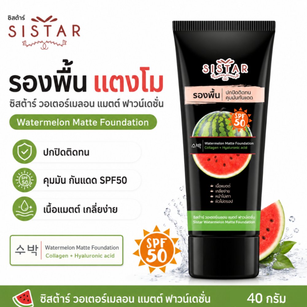 Sistar Official ซิสต้าร์ วอเตอร์เมลอน แมตต์ ฟาวน์เดชั่น รองพื้นแตงโม เนื้อแมตต์ 40 กรัม (SST1003)