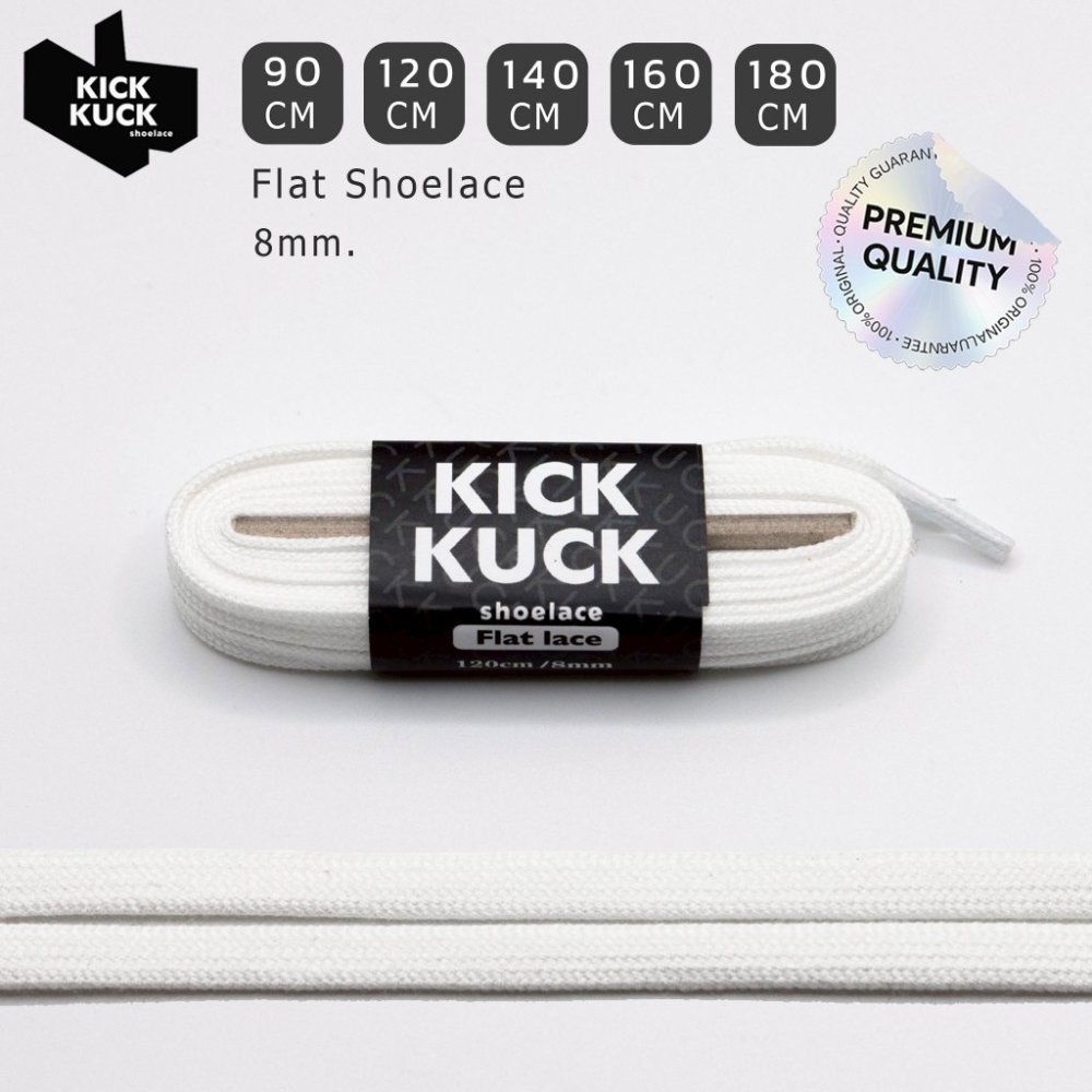 (หนา2ชั้น ไม่บาง พรีเมี่ยม) KICKKUCK (คิกคัก) เชือกรองเท้าสีขาว (white) (แบบแบน)FLAT 90.120.140.160 ,180 cm.