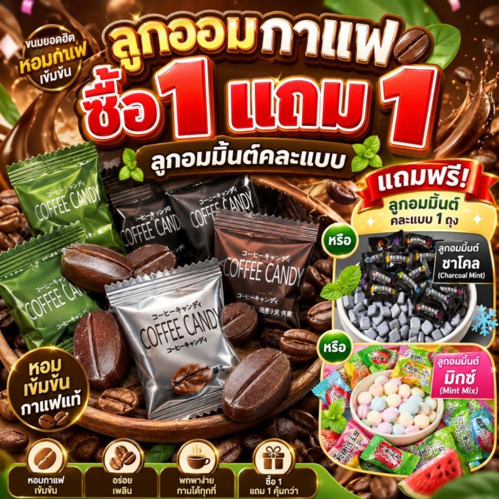[1แถม1]ลูกอมกาแฟสำเร็จรูป (1กรัม/1เม็ด) coffee candy กาแฟแท้อัดเม็ด ลูกอมกาแฟ ลูกอมนม ลูกอมชาเขียว ลูกอมมินิ ลูกอมเคี้ยว