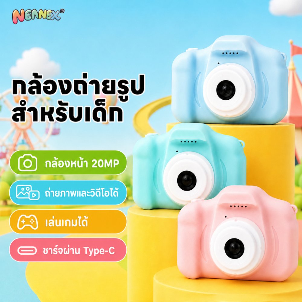 Nennex กล้องถ่ายรูปเด็ก 20MP กล้องดิจิทัลสำหรับเด็ก ถ่ายภาพและวิดีโอได้ มีเกมในตัว ชาร์จ Type-C ของขวัญสำหรับเด็ก
