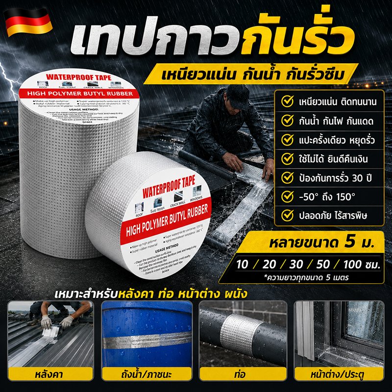 เทปกาวกันน้ำ มีความยึดเกาะสูง ทนแสง ใช้ซ่อมแซมรอยรั่วของหลังคา ท่อแตก และรอยแตกของผนัง เทปกาวกันรั่ว เทปติดหลังคากันรั่ว