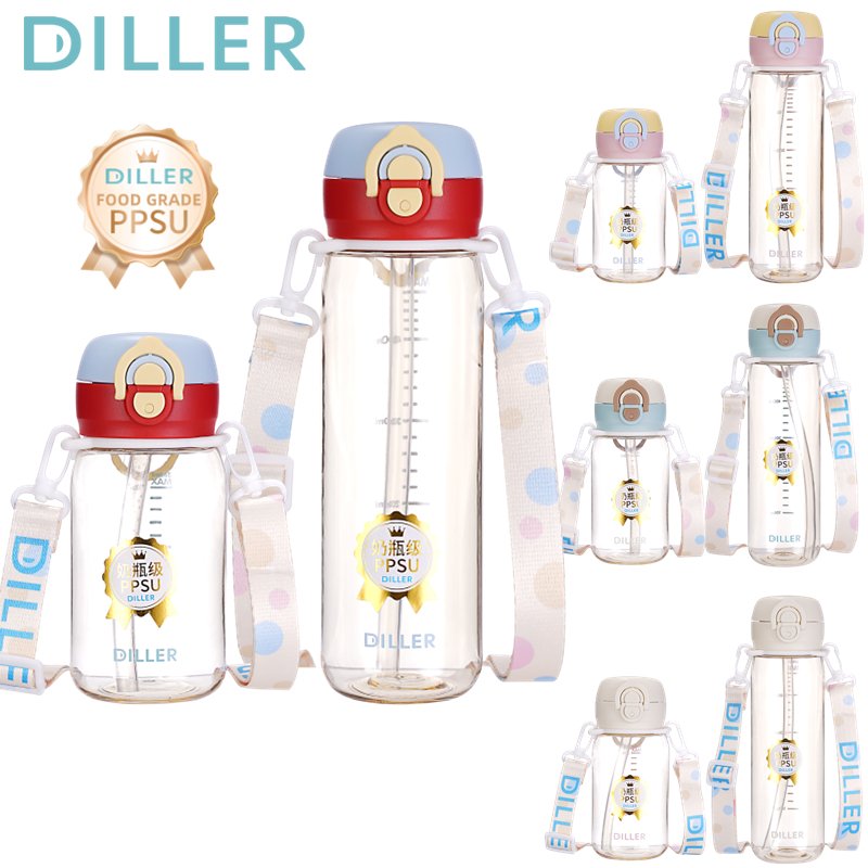 Diller ขวดน้ํา PPSU ป้องกันความร้อน 180℃, BPA-Free, Dual Head, Leakproof, 380/520ml D2606