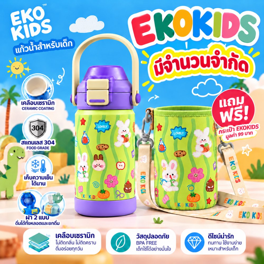 EKOKIDS รุ่นฝา 2 ชั้น ขวดน้ำสแตนเลส 304 เคลือบเซรามิก ขนาด 360ml/12oz ขวดน้ำสำหรับเด็ก มีหลอดดูด