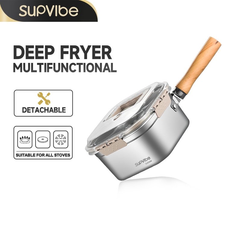 SUPVIBE หม้อทอดสแตนเลส 304 หม้อทอดสี่เหลี่ยม กล่องใส่อาหารสแตนเลส พร้อมตะแกรงนึ่ง ตะกร้าทอด ที่คีบอาหาร