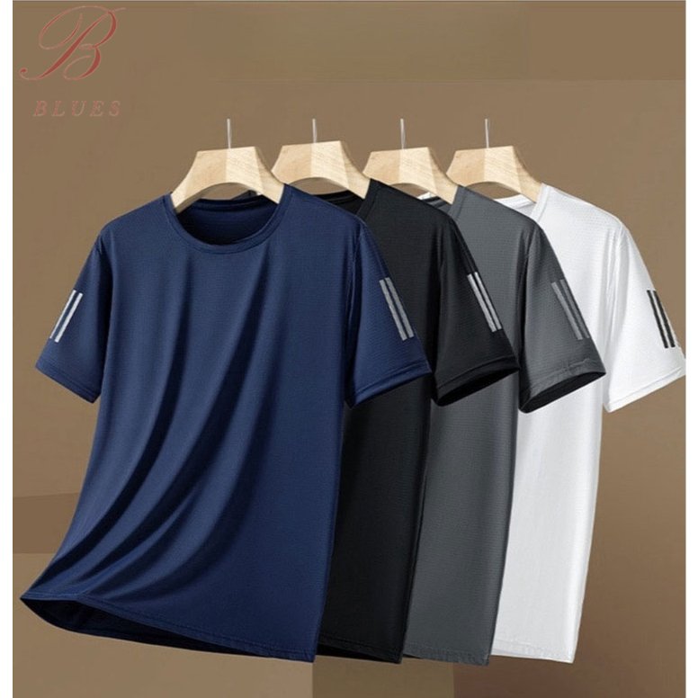 B BLUES คอกลม ผ้าไหมน้ำแข็ง เย็น แขนสั้น ชาย ฤดูร้อน แบบหลวม ใส่สบาย กีฬา เสื้อยืด ยืดหยุ่นสูง แมทช์ลุคง่าย ขยายใหญ่
