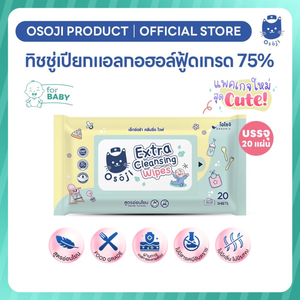 💛ทิชชู่แอลกอฮอล์ฟู้ดเกรด75% บรรจุ 20 แผ่น (สำหรับเด็ก) (AW ทิชชู่แอล)