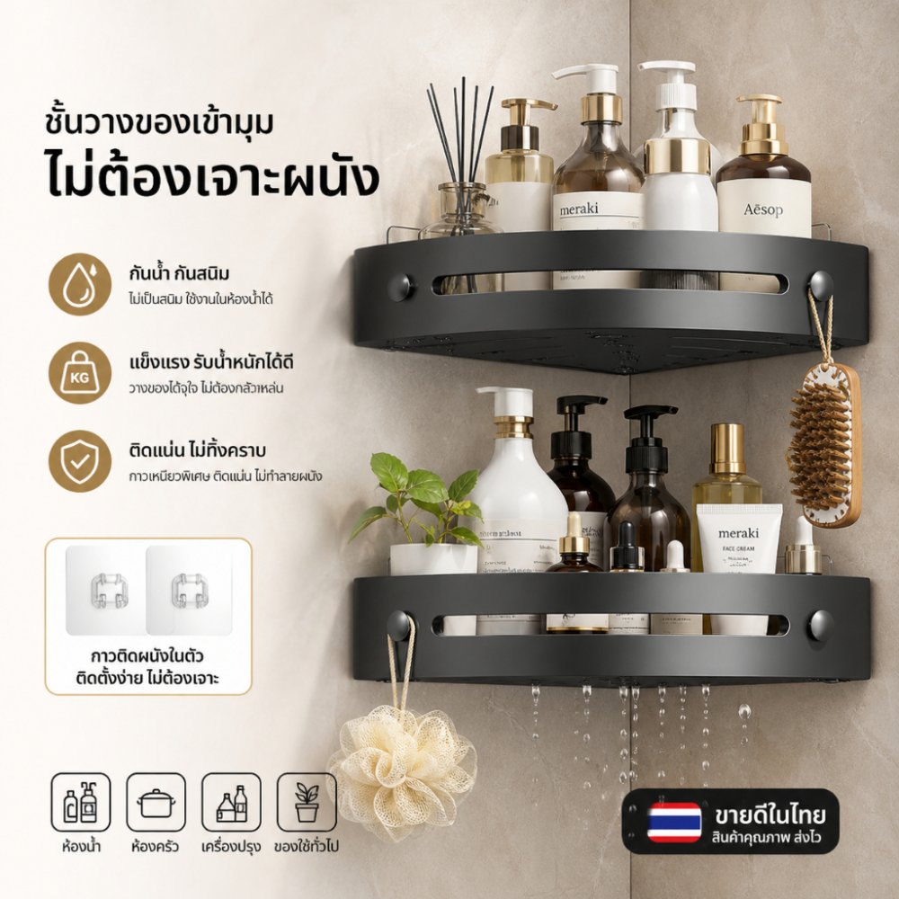 ติดผนังชั้นวางของในห้องน้ําติดตั้งง่าย ชั้นวางของในห้องน้ํา ไม่จําเป็นต้องเจาะรู ชั้นวางสบู่ ที่วางแชมพู