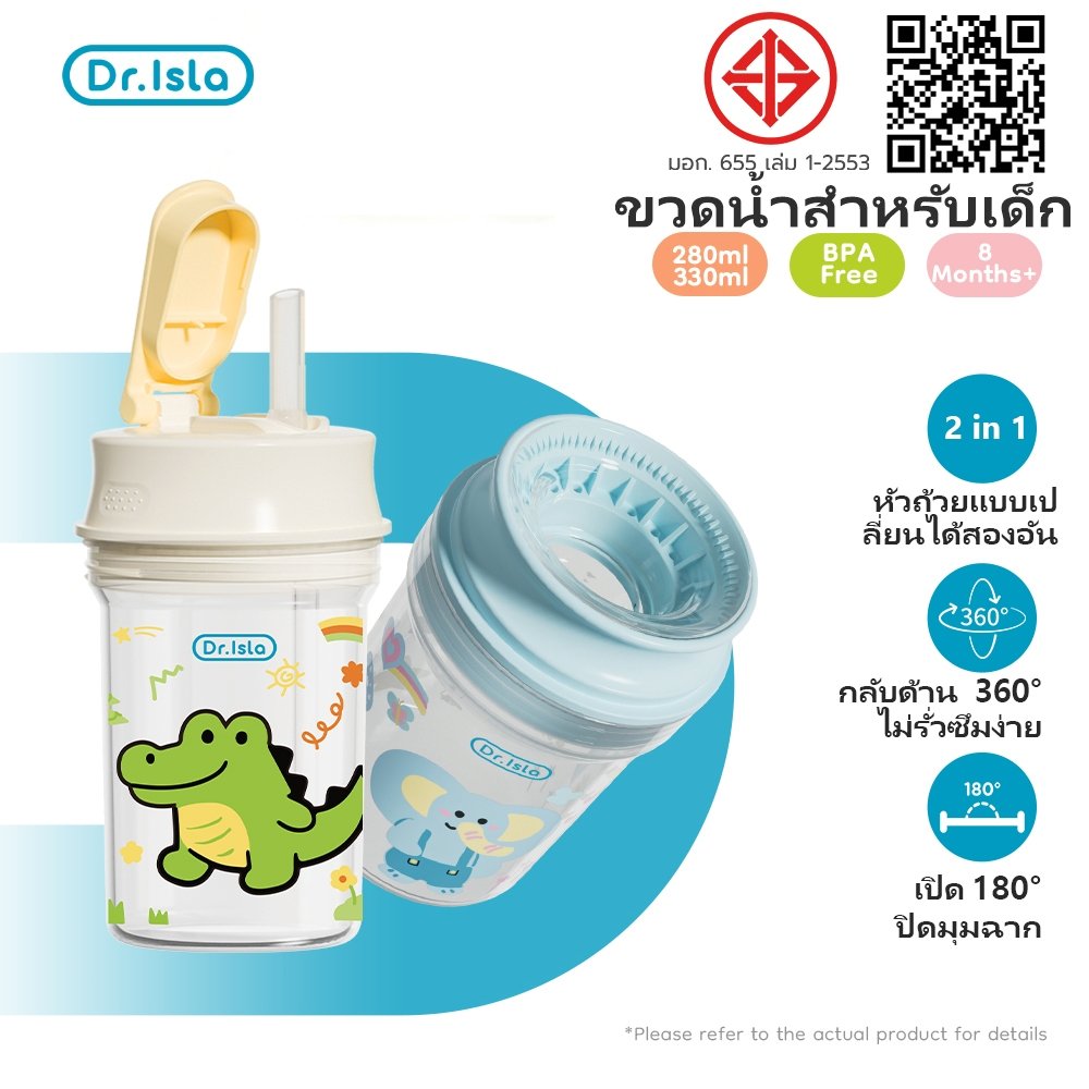Dr.Isla ขวดน้ำสำหรับเด็ก ขวดน้ำสำหรับเด็ก หัดดื่มน้ำ 2 in 1 ก๊อกน้ำสองตัวสามารถเปลี่ยนได้ GW40