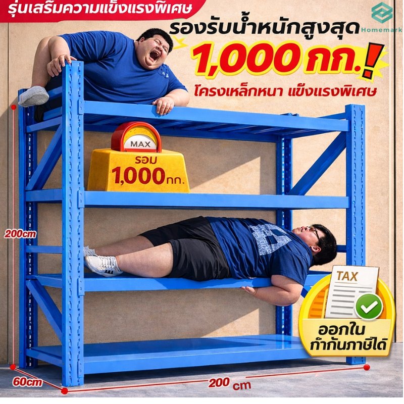 Homemark ส่งฟรี! ชั้นวางเหล็ก โรงงาน เก็บสินค้า เหล็กแท้100%ในโกดัง ชั้นเหล็กไม่ใช้สกรู โครงสร้างแข็ง รองรับ350กิโล/ชั้น