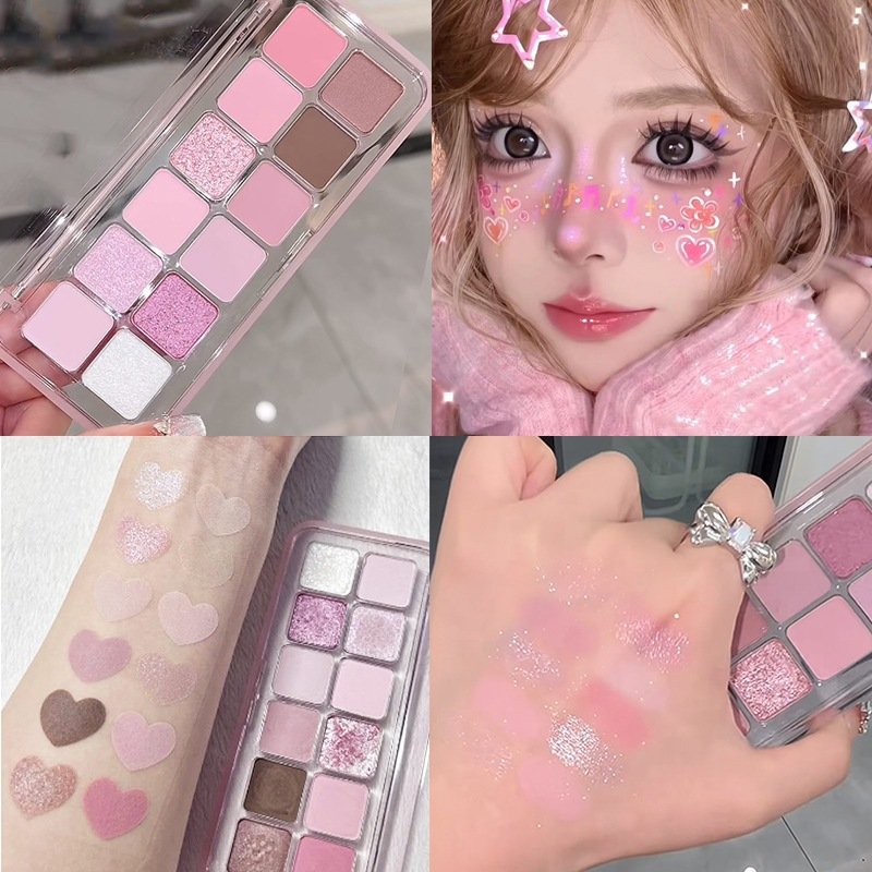 พาเลทตา 12สี โทนสีชมพู สีส้ม เนื้อเรียบเนียน ประกายชิมเมอร์ ติดทน กันน้ำ สีธรรมชาติ เหมาะสำหรับผู้เริ่มต้น