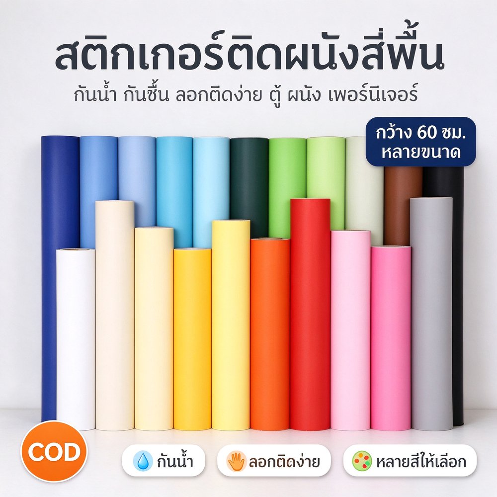 วอลเปเปอร์สีพื้น สติกเกอร์ติดผนัง PVC กันน้ำ ลอกแล้วติด มีกาวในตัว กว้าง 60x300 ซม. ตกแต่งห้องนอน ห้องครัว คอนโด