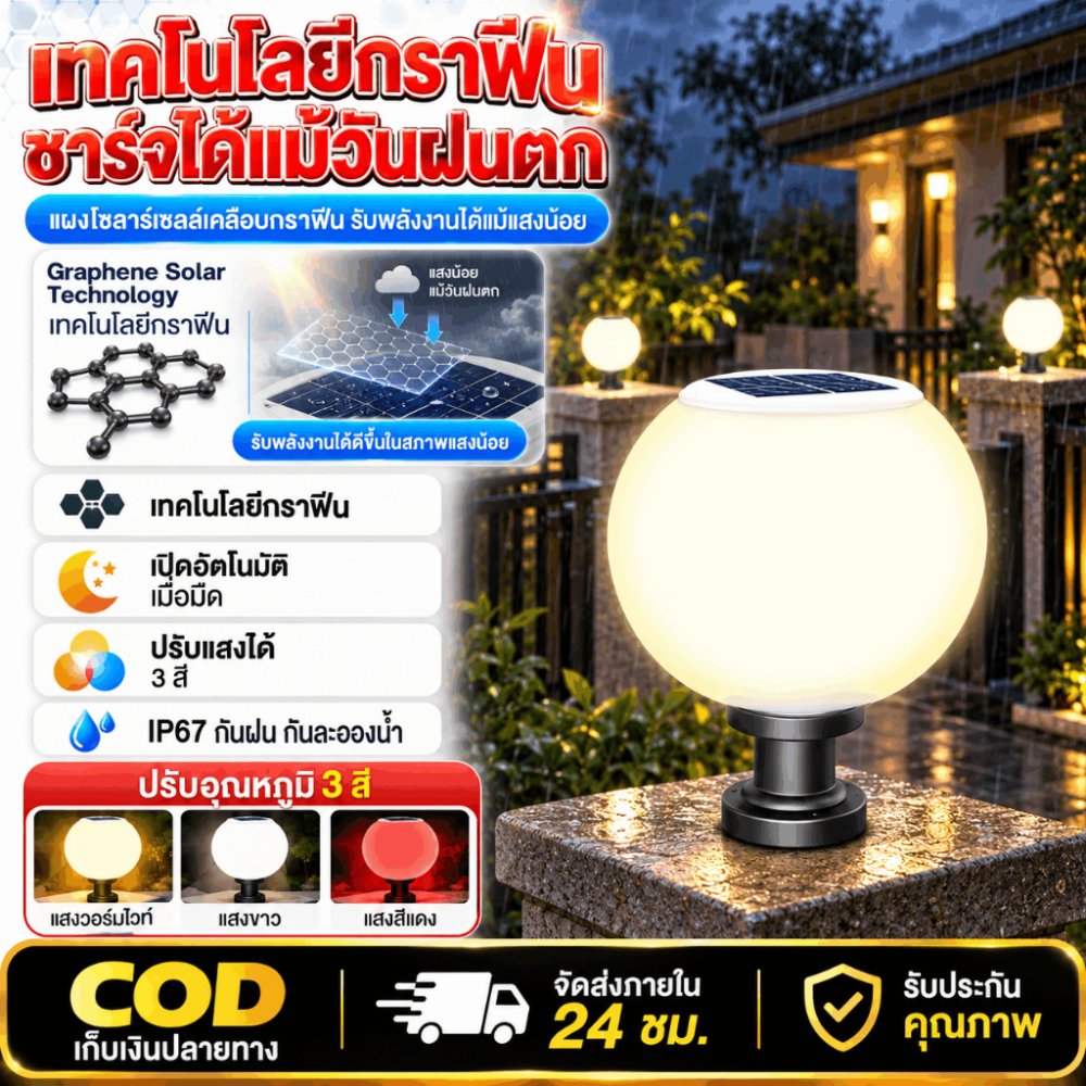 【รับประกัน ของแท้】โคมไฟโซล่าเซลล์ โคมไฟหัวเสา โคมไฟหัวเสาทรงกลม ใช้พลังงานแสงอาทิตย์ ไฟLED ราคาส่ง