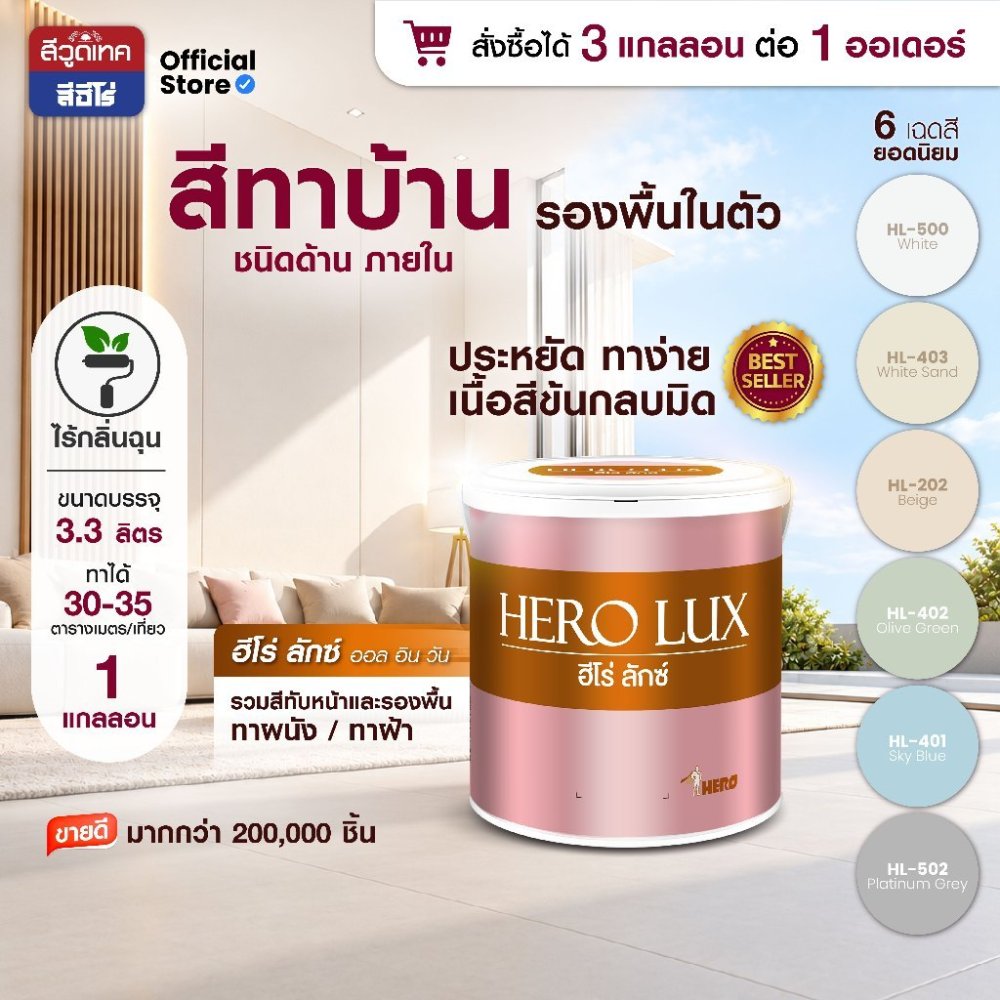 สีทาบ้าน ภายใน(ชนิดด้าน) ฮีโร่ ลักซ์ ผสมรองพื้น ผนังและเพดาน Hero Lux ALL IN 1 (Interior)
